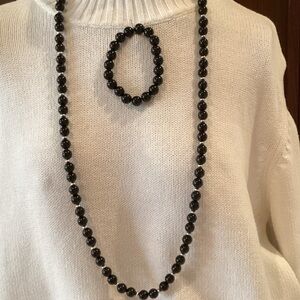 Black Beaded Necklace with Silver Tone Spacers and Bracelet Set